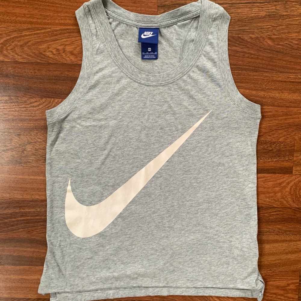 Vintage Nike XS Gray Heather White Big Swoosh Tank Top sleeveless shirt blue tag